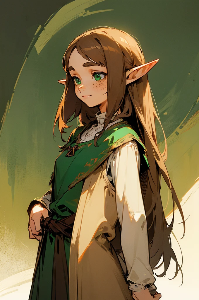 ((Female, fantasy world, legend of Zelda character, long brown hair, green eyes, elf, tattered peasant dress, small smile, freckles, wood elf, detailed image))