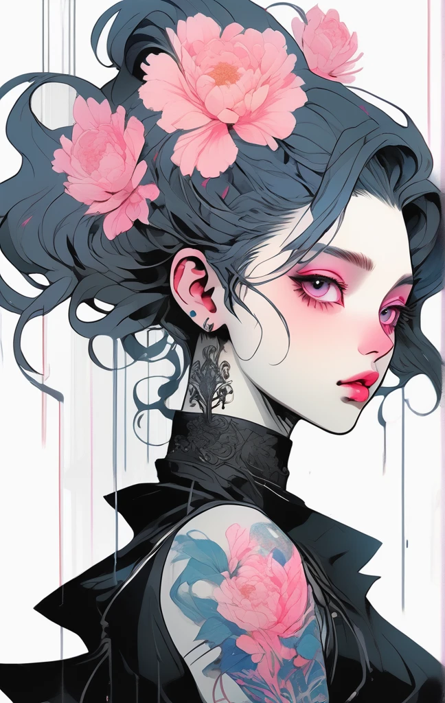 A stunning anime girl with an intricate floral tattoo on her neck, exuding elegance and beauty.,in the style of neon realism, dark pink and light black, gothic art nouveau, anime-inspired character designs, dark white and indigo, bold yet graceful, cyberpunk manga, detailed costumes