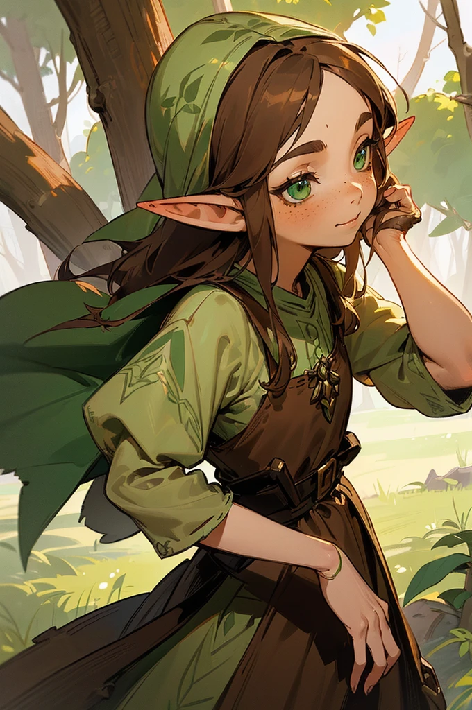 ((Female, fantasy world, legend of Zelda character, long brown hair, green eyes, elf, tattered peasant dress, small smile, freckles, wood elf, detailed image))