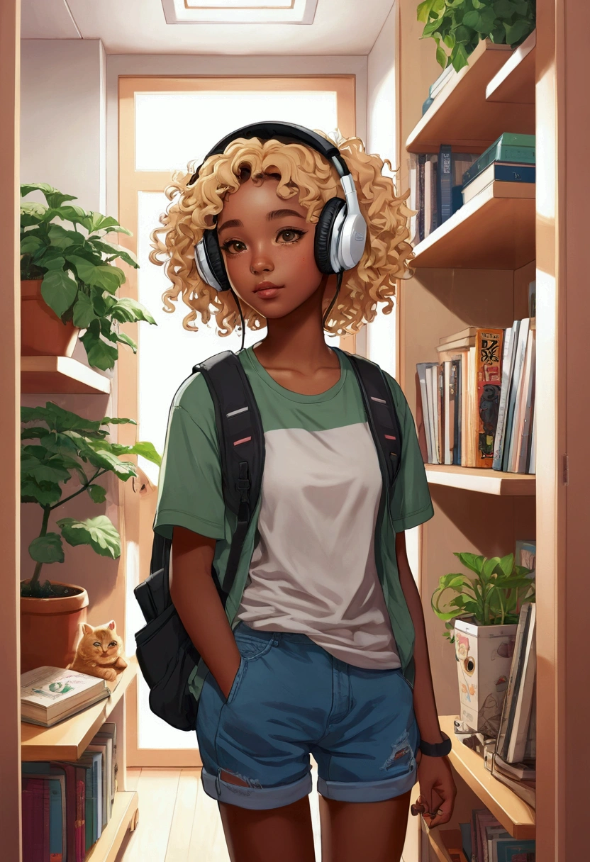 black girl with big blonde curly hair wearing gaming headset. she is playing on her gaming PC. her room is cozy with lots of books and plants. she is wearing cat clothes, a drawing of a girl with headphones and a backpack walking down a hallway, lofi girl, Lofi Stylestyle, anime vibes, lofi portoRait, 🤤 portrait of , Anime digital illustration, anime artstyle, nodded, cute art style, lazy art style, anime styling, Detailed fanart, Lofi Style, anime styling, urban girl fanart