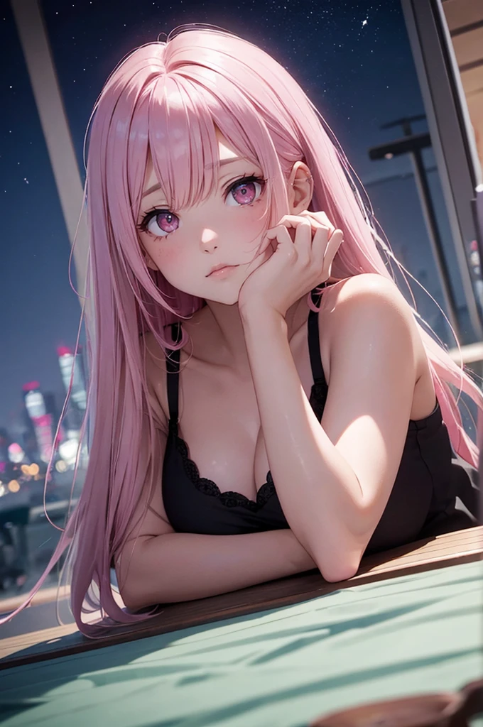 Be a pink-skinned girl, Beautiful Eyes (Red eyes) Deep as the night sky, Half a sad face lying on a table, Gray Hair, I&#39;m watching you, In anime/Semi-realistic art style  