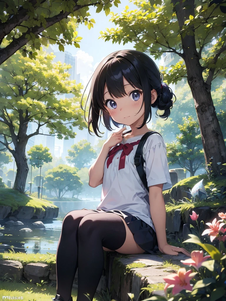 Very cute, from the front, sitting on wide stairs, legs bent, knees raised, legs apart, rainbow pigtails, round eyes, short eyebrows, short eyelashes, slightly upturned lips, small red tartan check shoulder strap one-piece skirt, white zettai ryoiki knee-high socks, zettai ryoiki, sunny day, blue sky, country road, smirk, cheerful,