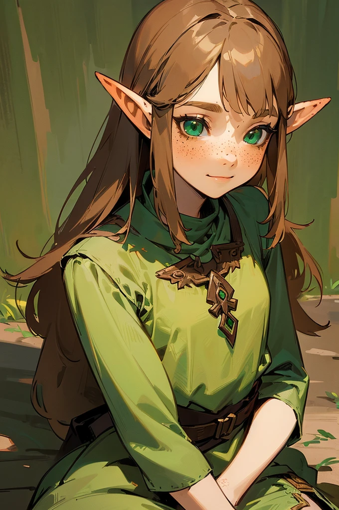 ((Female, fantasy world, legend of Zelda character, long brown hair, dark green eyes, elf, tattered peasant dress, small smile, freckles, wood elf, detailed image))