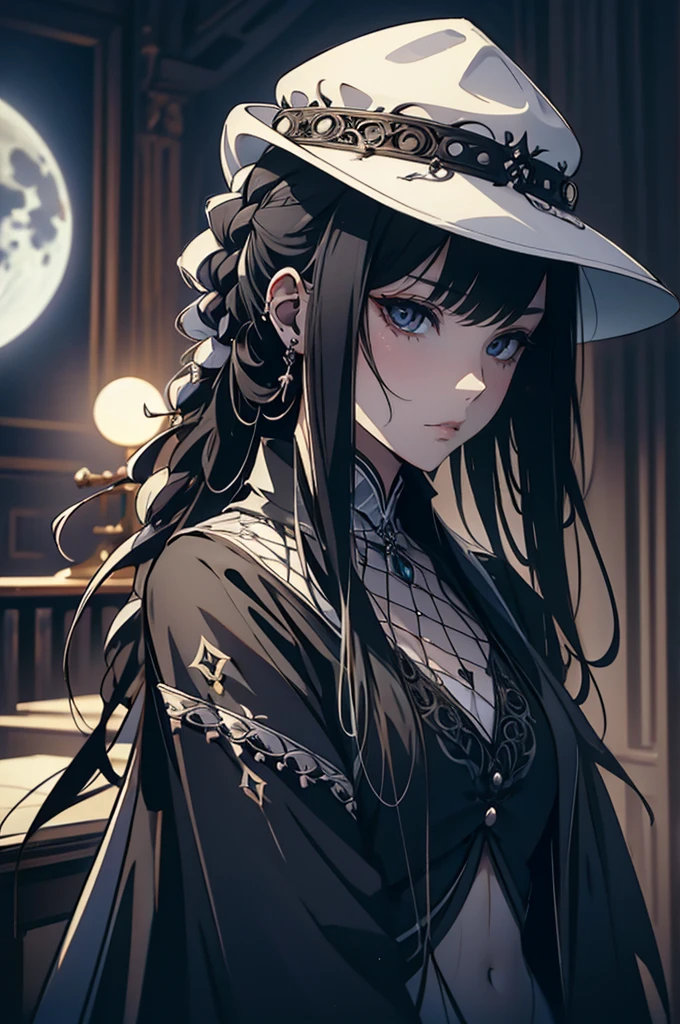masterpiece, Highest quality, alone focus, (Perfect Face:1.1), (Attention to detail:1.1),dramatic, 1 person, (Pale skin), Long, voluminous braided white hair, White eyes, alone, Long Hair, moon, night, White luxury suit, White Fedora Hat, Covered navel, Pouting, Covered, Jazz club, Detailed Background, art：artgerm と greg rutkowski, Gothic Renaissance, Cinema Lighting,