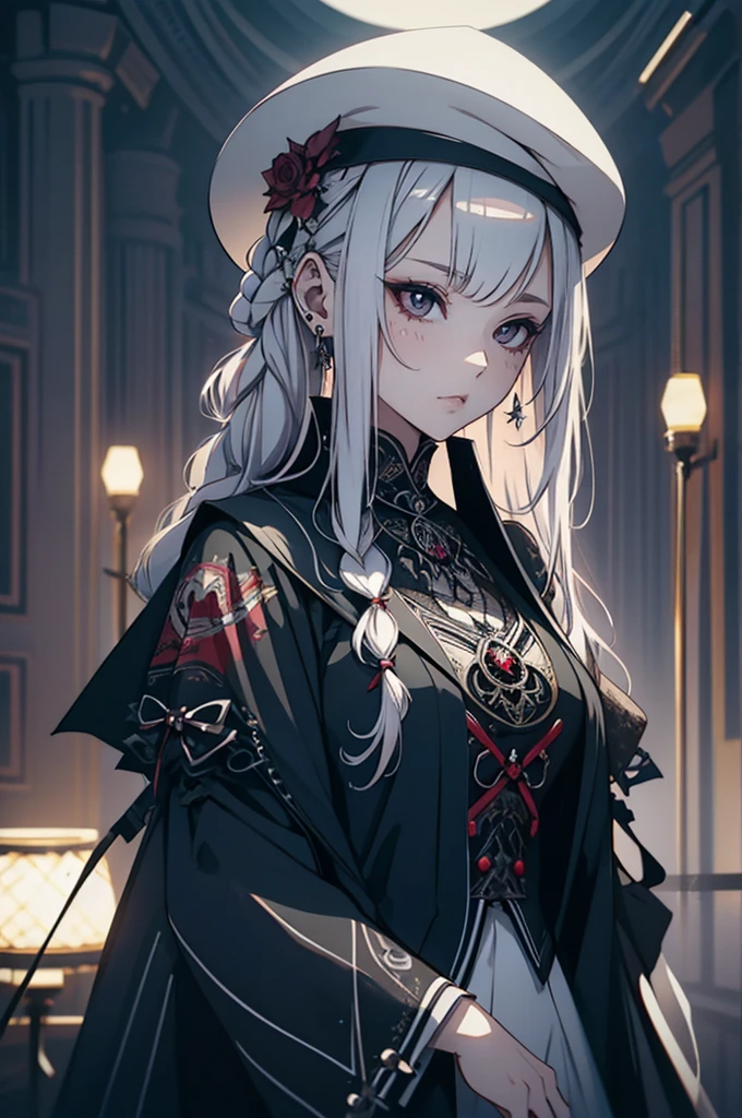 masterpiece, Highest quality, alone focus, (Perfect Face:1.1), (Attention to detail:1.1),dramatic, 1 person, (Pale skin), Long, voluminous braided white hair, White eyes, alone, Long Hair, moon, night, White luxury suit, White Fedora Hat, Covered navel, Pouting, Covered, Jazz club, Detailed Background, art：artgerm と greg rutkowski, Gothic Renaissance, Cinema Lighting,