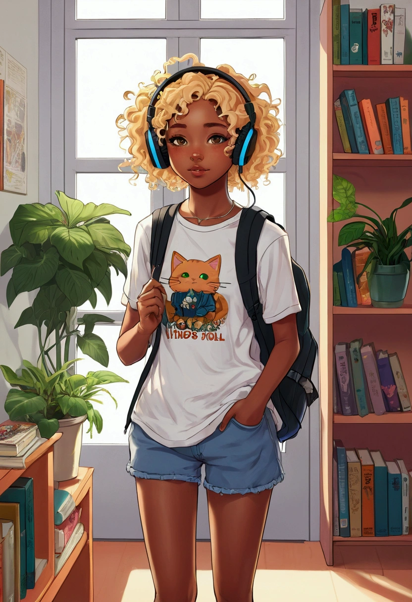 busty black girl with waist-length blonde curly hair wearing gaming headset. she is playing on her gaming PC. her room is cozy with lots of books and plants. she is wearing cat clothes, a drawing of a girl with headphones and a backpack walking down a hallway, lofi girl, Lofi Stylestyle, anime vibes, lofi portoRait, 🤤 portrait of , Anime digital illustration, anime artstyle, nodded, cute art style, lazy art style, anime styling, Detailed fanart, Lofi Style, anime styling, urban girl fanart