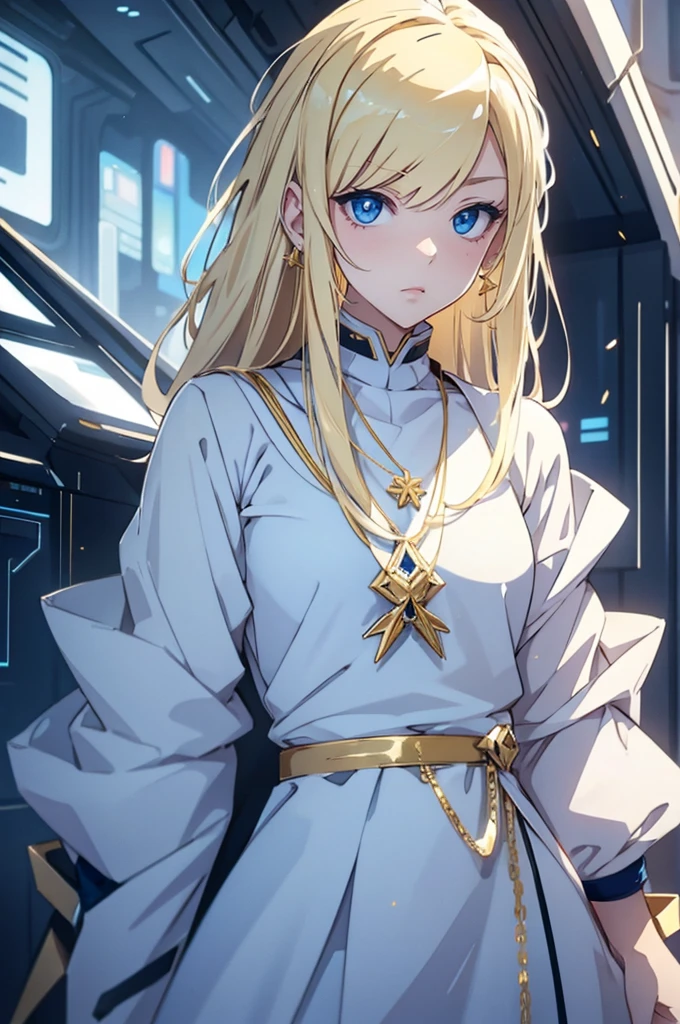 Young blonde anime, Aesthetic body, Dark blue eyes, Wearing white clothes with blue details, On a spaceship, With gold necklace