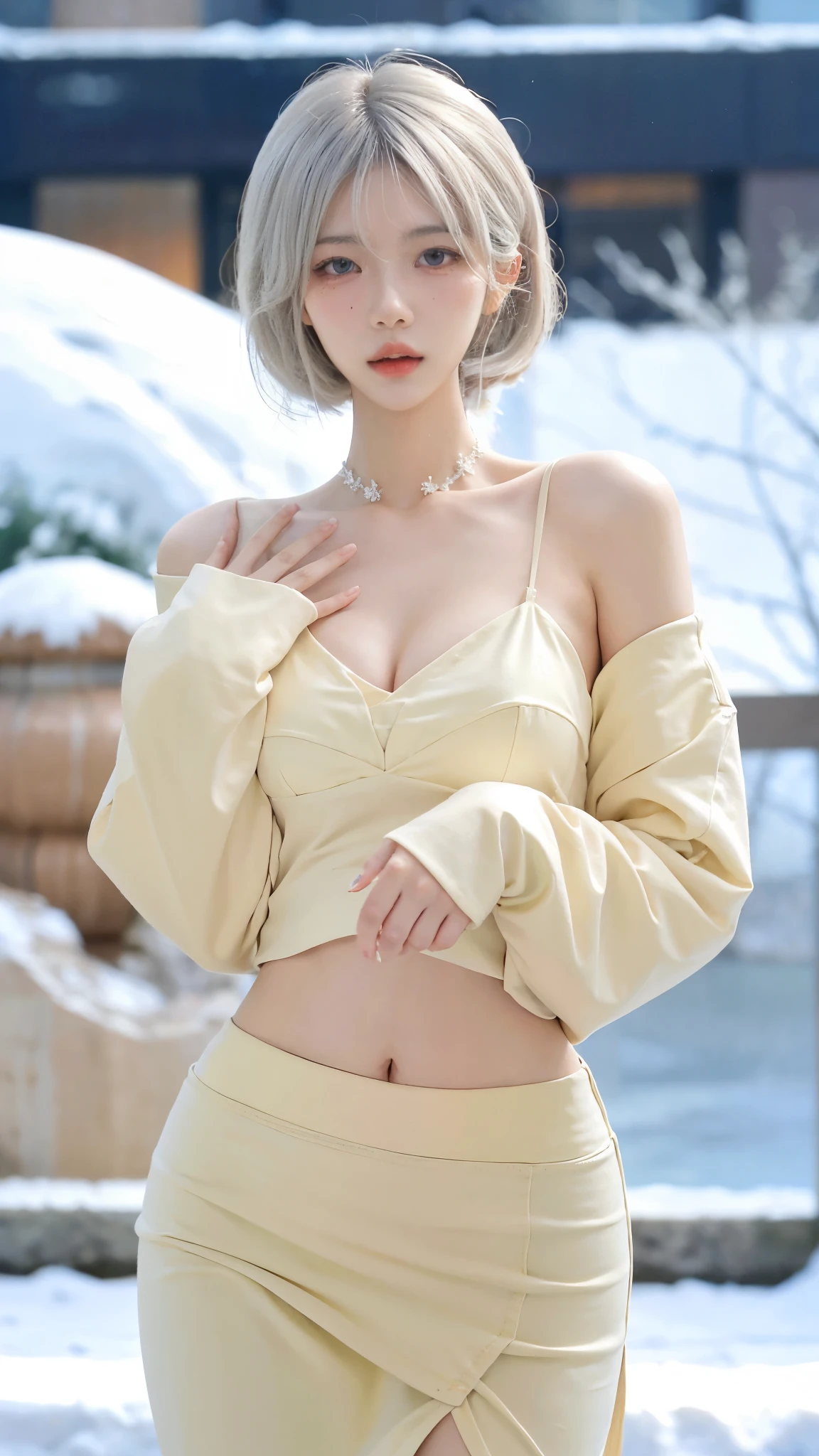 Beautiful woman with perfect figure:1.4，snow，Touching butt with both hands，snow背景，Layered Hairstyle，White skin，Prominent cleavage，Pleated Skirt，whole body，Very delicate face and skin texture，Double eyelids，Skin Whitening，Long white hair