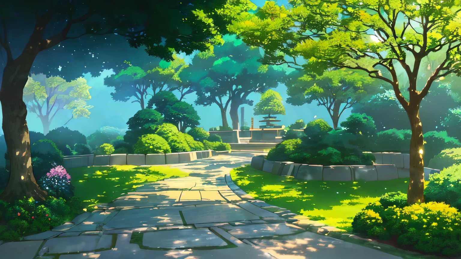 anime landscape of a japanese garden with a stone bench and a tree, animated background art, Studio Ghibli Environment, studio ghibli sunlight, greg rutkowski estudio ghibli, I study Makoto Shinkai with ease, beautiful anime scene, ghibli atmosphere made to disappear, studio ghibli soft concept art, anime beautiful peace scene, Makoto Shinkai, studio ghibli landscape