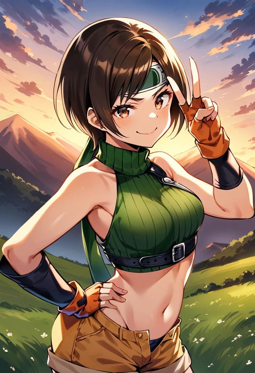 score_9, score_8_up, score_7_up,,BREAK ,best quality,aesthetic,very aesthetic,high-resolution ,mediumshot,,soro focus,1girl, yuffie kisaragi, final fantasy, short hair,headband,navel,sleeveless,turtleneck,brown eyes,sleeveless turtleneck,solo,breasts,looking at viewer,smile,gloves,crop top,brown hair,shorts,midriff,,sweater,open fly,armor,fingerless gloves,ribbed sweater,medium breasts,(great joy,),standing,mountain,sunset,top angle,v,hand on hip,smug,