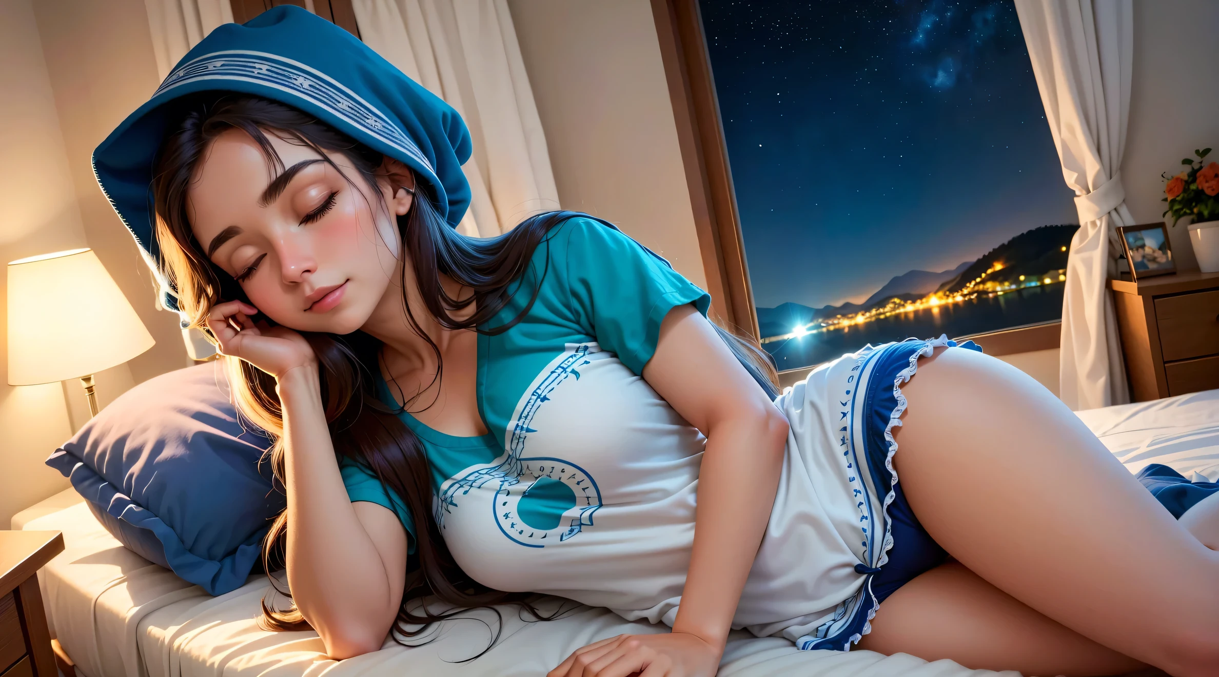 Imagine um suave, comforting illustration of a cute girl was sleeping in a comfortable bed, Olhos fechados, camiseta azul. Long flowing hair. Quarto escuro, except for the soft light emanating from a bedside lamp near the bed, That casts a warm glow on your peaceful face. Pela janela entreaberta, A noite estrelada se estende, lua cheia, creating a magical contrast between the peaceful interior and the mysterious outside world. As cortinas de luz movem-se ligeiramente com a brisa noturna, adicionando um toque de movimento a esta cena tranquila.