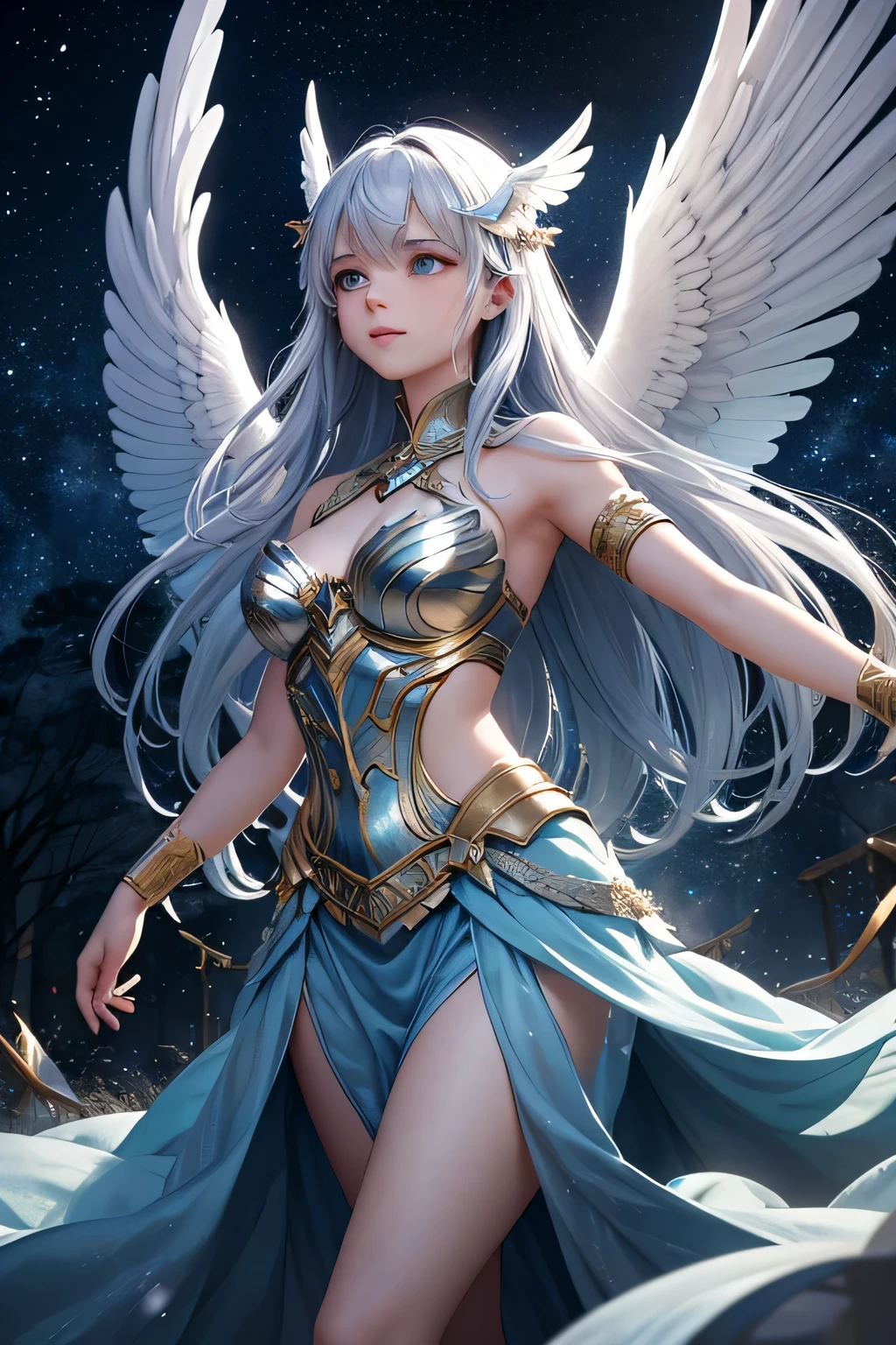 A stunning Valkyrie performs a mystical dance under the starry night sky to honor and guide the souls of her fallen comrades to the heavens. She is dressed in shimmering, ethereal armor that glows softly in the moonlight, with delicate, flowing fabric that sways with her movements. Her long, flowing hair and majestic wings catch the silver moonlight, creating an otherworldly glow. The background features a dark, star-filled sky with the moon casting a gentle light over the scene, and the shadows of the surrounding forest adding depth and mystery. The air is filled with a sense of solemnity and magic as the Valkyrie’s dance weaves together the earthly and the celestial, creating a bridge for the souls to ascend.