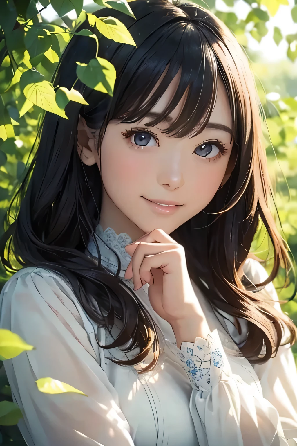 Highest quality、High resolution、Detailed Background、(Beautiful face in every detail:1.4)、Anatomically correct、(Normal number of fingers:1.2)、(Highly detailed face:1.2)、Detailed eyes、Teenage beauty、(Huge breasts:1.2)、Perfect body line、Light color hair、A big smile、Early summer morning、Gentle morning light、clear々Atmosphere、A refreshing morning、I can hear the birds chirping and the leaves swaying gently、Fresh green tree々The blue sky is peeking through、I feel light and refreshed, as if my heart is being cleansed.、Relaxing surrounded by nature、A refreshing start to a wonderful day、Spend time surrounded by nature、Quiet and clear time、My heart feels refreshed