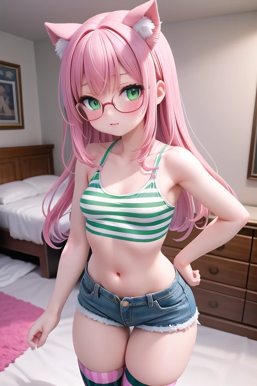 (masterpiece, best quality), 1girl, small breasts, small hips, green eyes, pink hair, crop top, denim shorts, bedroom, striped thighhighs, pervert, , glasses,