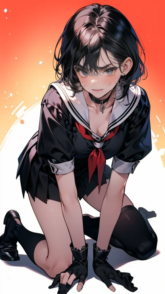 Dynamic composition,{{masterpiece}}, {{{Highest quality}}},{{Very detailed}},1girl,30years old,{Mature Woman}},{{A loose black long-sleeved sailor suit:1.4}}full body,furrow one's brow ,{{one eye closed}},{{all fours}},{{On all fours}Cowboy Shot,{{Small breasts}},{{Female Fighter}},,Black knee-length pleated skirt Roll up your sleeves clavicle Bare skin décolleté Knee-high socks Red Sailor Collar、Red fingerless gloves, {{v-shaped eyebrows}},Bad mood,blush、Sweat loafers Sukeban Fighter choker Black Hair Alley