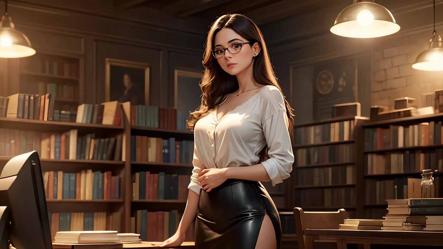 Create a detailed and highly realistic scene depicting a new character, a beautiful young woman with long brunette hair styled elegantly. She wears glasses that frame her perfect face with soft skin and delicate features. She is dressed in a stylish shirt with a deep neckline, revealing her ample chest. Her outfit includes a short black leather skirt that accentuates her figure. The scene captures her standing confidently in a cozy, well-lit bookstore, surrounded by shelves filled with books. She has a determined look on her face, with her hands on her hips. The background should feature a warm and inviting atmosphere, with wooden shelves, plush chairs, and soft lighting that enhances the charm of the bookstore. The entire scene should be in an oil painting style, with 8k resolution to capture the essence of a masterpiece