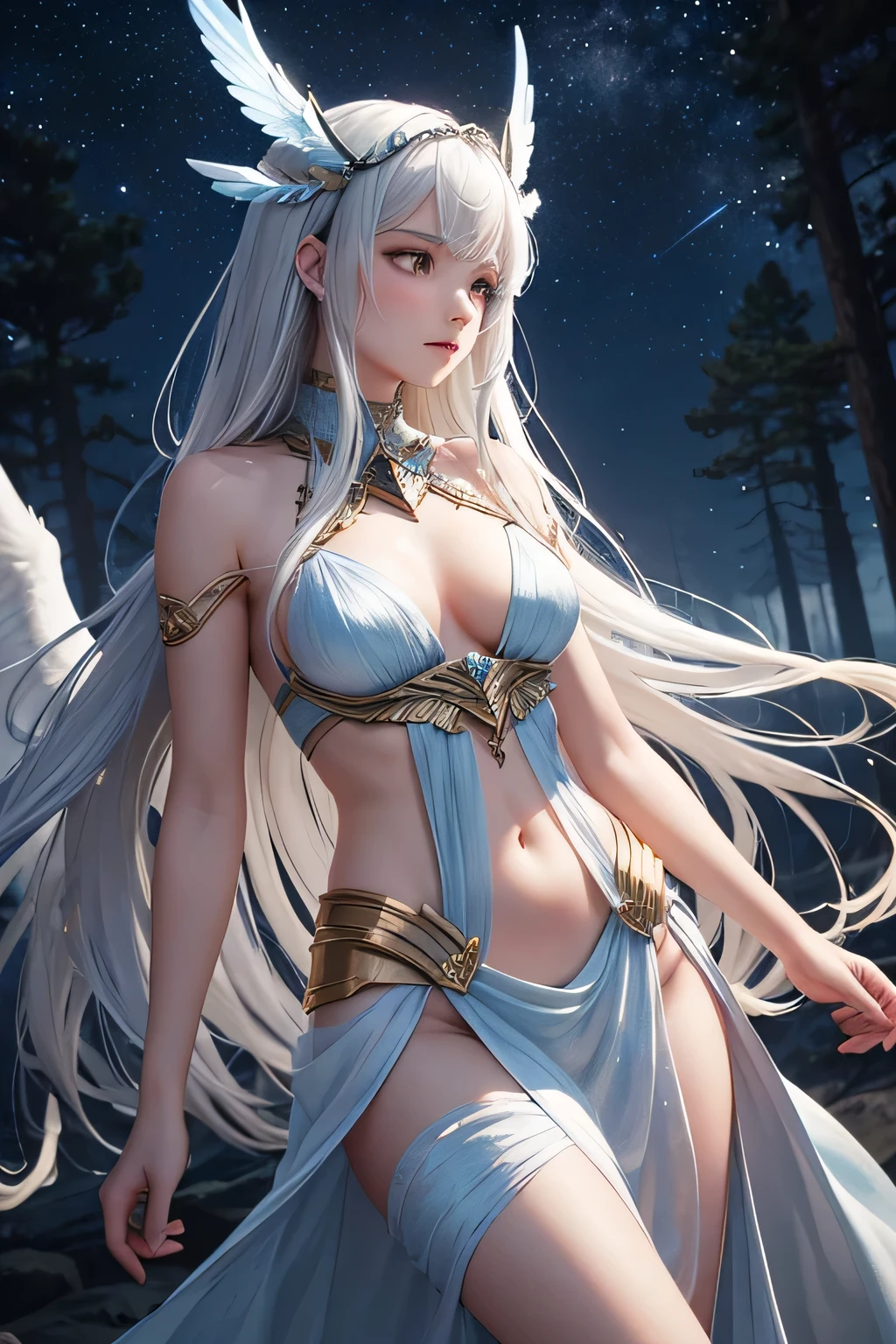 A stunning Valkyrie performs a mystical dance under the starry night sky to honor and guide the souls of her fallen comrades to the heavens. She is dressed in shimmering, ethereal armor that glows softly in the moonlight, with delicate, flowing fabric that sways with her movements. Her long, flowing hair and majestic wings catch the silver moonlight, creating an otherworldly glow. The background features a dark, star-filled sky with the moon casting a gentle light over the scene, and the shadows of the surrounding forest adding depth and mystery. The air is filled with a sense of solemnity and magic as the Valkyrie’s dance weaves together the earthly and the celestial, creating a bridge for the souls to ascend.
