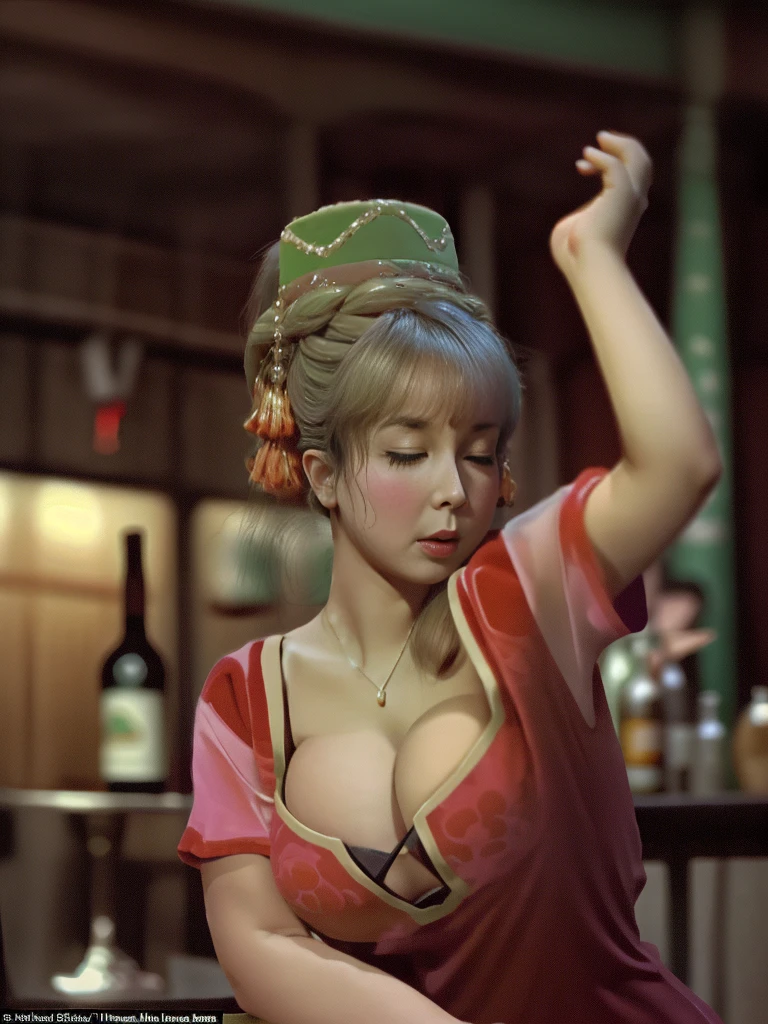 full body view, Wasted drunk I Dream of Jeannie. Pink harem outfit. drunk young barbara eden. drunk jeannie. "I'm very intoshicated.....hiccup! I'm gonna drink more an' get even drunker...burp!"massive tits drunk slumped next to you at bar, "heeeeey, hiccup....I like it at thish bar....hiccup....I like drinkin'.....hiccup.....I have some big titties.....hiccup!......hiccup...do my eyes look drunk....lookit 'em....hiccup!"massive fat tits, unable to stand, slumped between two men, men hold her up, keep her from falling, she is sloppy drunk "Ish hot in here...hiccup....ish it hotinhere.....hiccup...I'm hot....I wanna 'nother drink....urp!"