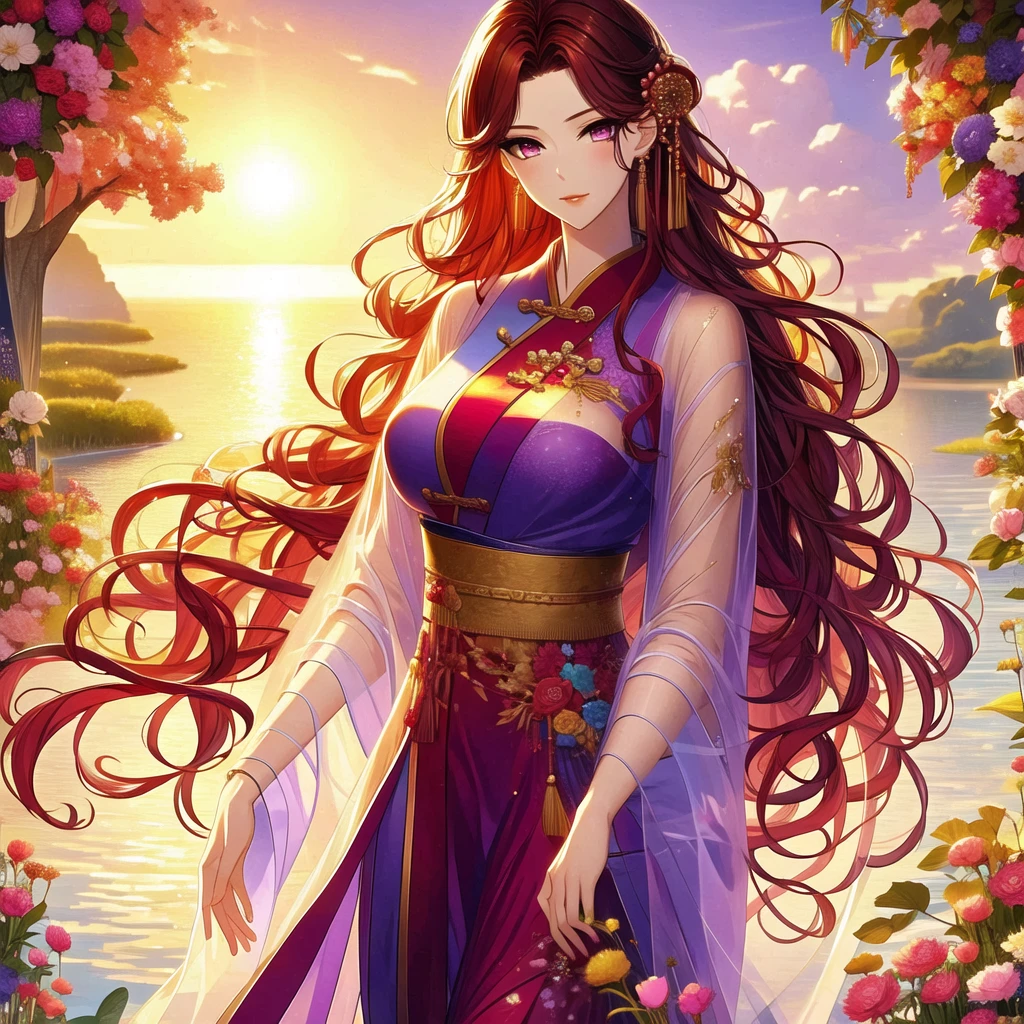 (masterpiece, best quality:1.2), 1 women, xian mei, solo, 18 year, chinese clothes, ultra long purple skirt, purple eyes, long dark red-black curly hair, jewellery, perfect anatomy, purple hanfu,
