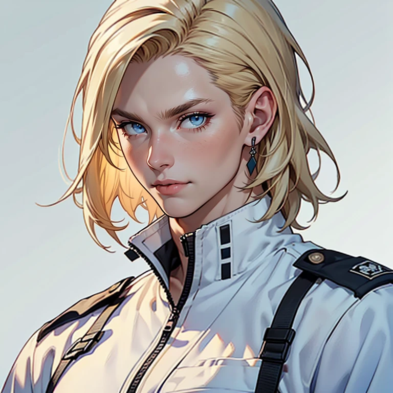 ((masterpiece)), (((best quality))), solo, 1 male, pale white skin, very light blonde hair, medium hair, bob hair style, straight hair, handsome young man, blue eyes, lean, tall, slender, white jumpsuit uniform, simple earrings, highest quality, highly detailed, original, high resolution CG Unit 8k wallpaper, (best quality, artwork, masterpiece, 4k)