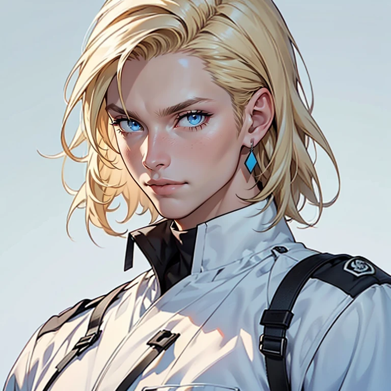 ((masterpiece)), (((best quality))), solo, 1 male, pale white skin, very light blonde hair, medium hair, bob hair style, straight hair, handsome young man, blue eyes, lean, tall, slender, white jumpsuit uniform, simple earrings, highest quality, highly detailed, original, high resolution CG Unit 8k wallpaper, (best quality, artwork, masterpiece, 4k)