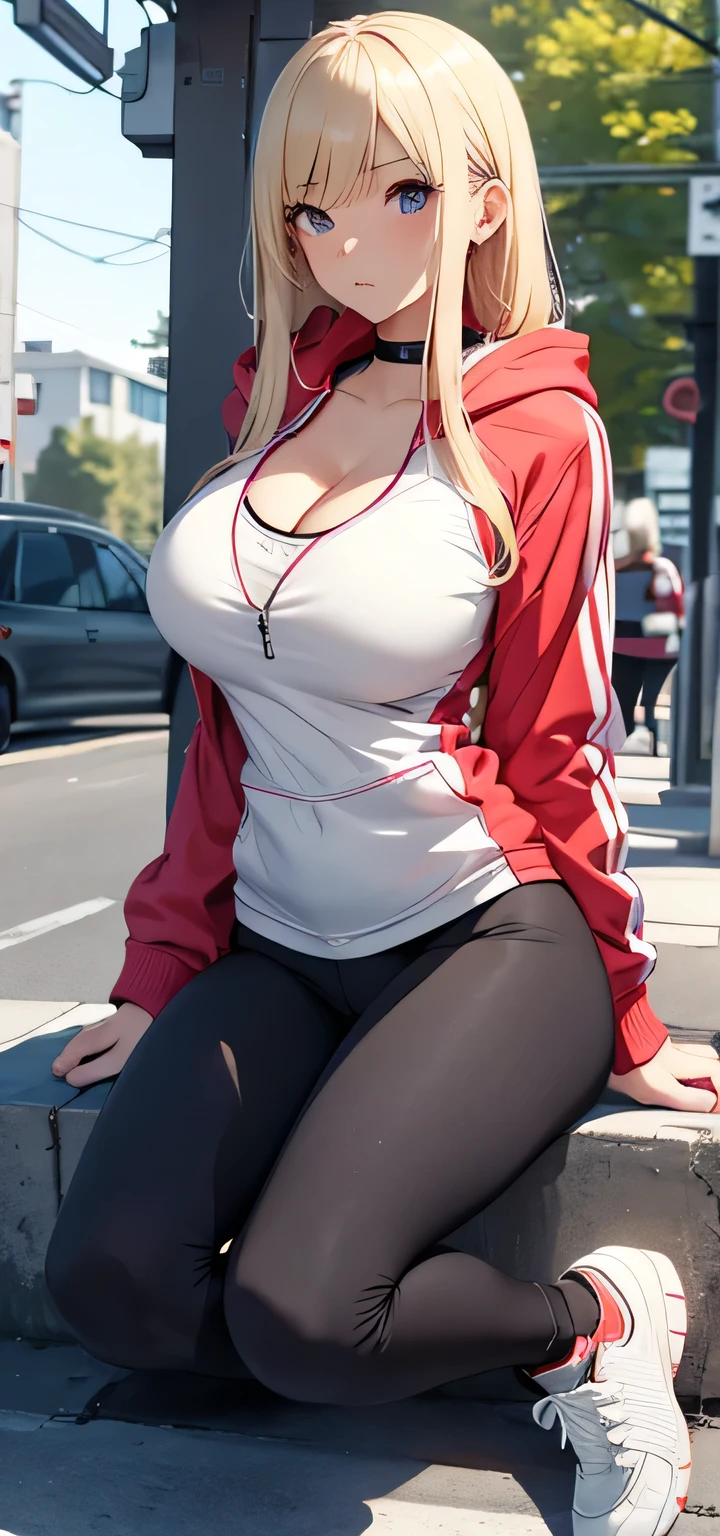 beautiful detailed 25 years old female japanese, wearing Sporty and Functional: Athletic leggings with a moisture-wicking tank top, a zip-up hoodie, and running shoes, beautiful face, shiny white skin, blonde hair, slender, ultra large saggy breasts, massive cleavage exposed, school background