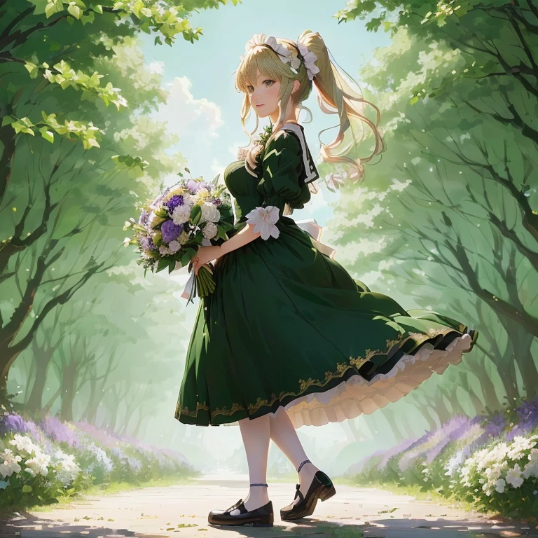 anime girl in a green dress holding a bouquet of flowers, a maid in a magical forest,  in dress, cute anime waifu in a nice dress, violet evergarden, marisa kirisame, anime girl wearing a black dress, official art, anime lush john 8k woods, rin, lolish, forest city streets behind her