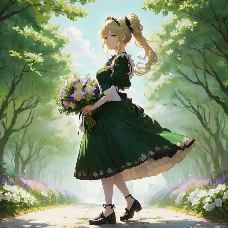 anime girl in a green dress holding a bouquet of flowers, a maid in a magical forest, in dress, cute anime waifu in a nice dress, violet evergarden, marisa kirisame, anime girl wearing a black dress, official art, anime lush john 8k woods, rin, lolish, forest city streets behind her