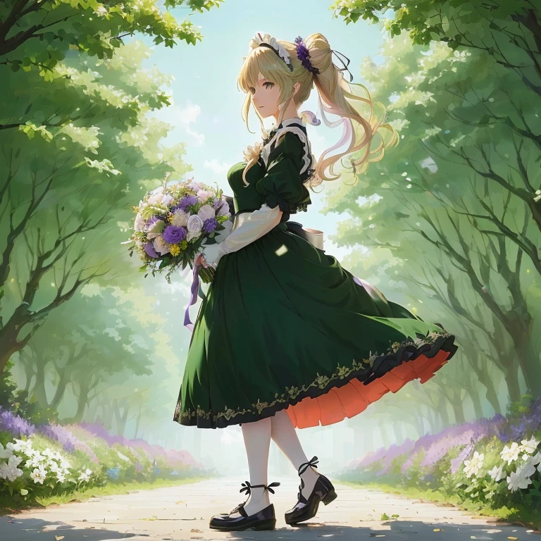 anime girl in a green dress holding a bouquet of flowers, a maid in a magical forest, in dress, cute anime waifu in a nice dress, violet evergarden, marisa kirisame, anime girl wearing a black dress, official art, anime lush john 8k woods, rin, sh, forest city streets behind her