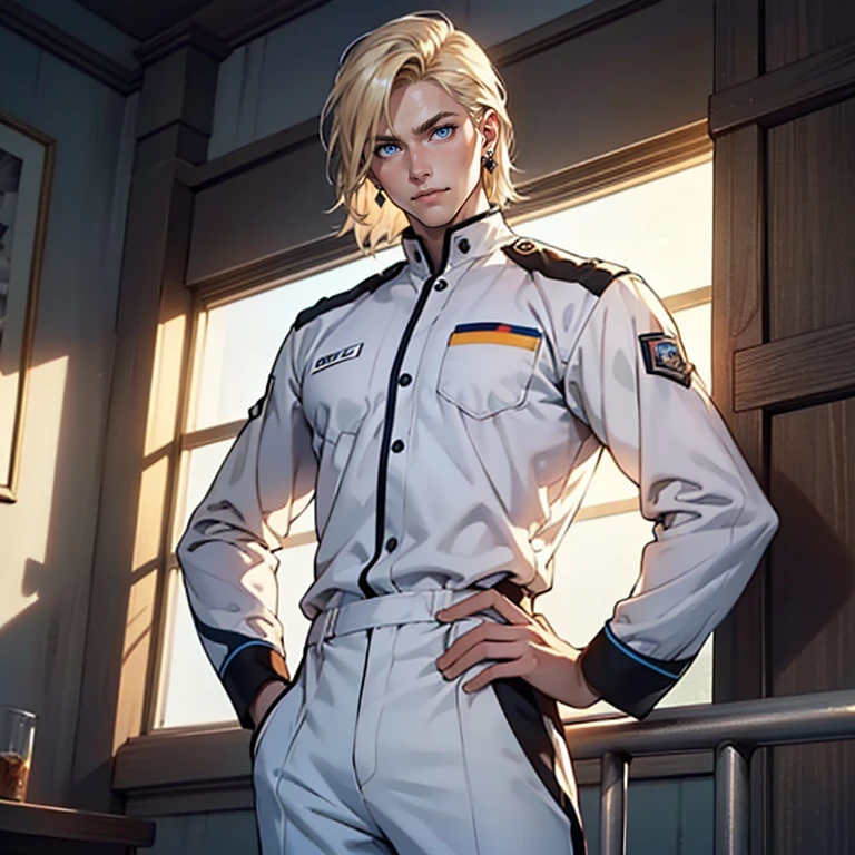 ((masterpiece)), (((best quality))), solo, 1 male, pale white skin, very light blonde hair, medium hair, bob hair style, straight hair, handsome young man, blue eyes, lean, tall, slender, white jumpsuit uniform, simple earrings, highest quality, highly detailed, original, high resolution CG Unit 8k wallpaper, (best quality, artwork, masterpiece, 4k)
