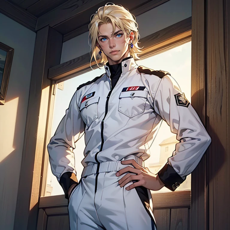 ((masterpiece)), (((best quality))), solo, 1 male, pale white skin, very light blonde hair, medium hair, bob hair style, straight hair, handsome young man, blue eyes, lean, tall, slender, white jumpsuit uniform, simple earrings, highest quality, highly detailed, original, high resolution CG Unit 8k wallpaper, (best quality, artwork, masterpiece, 4k)