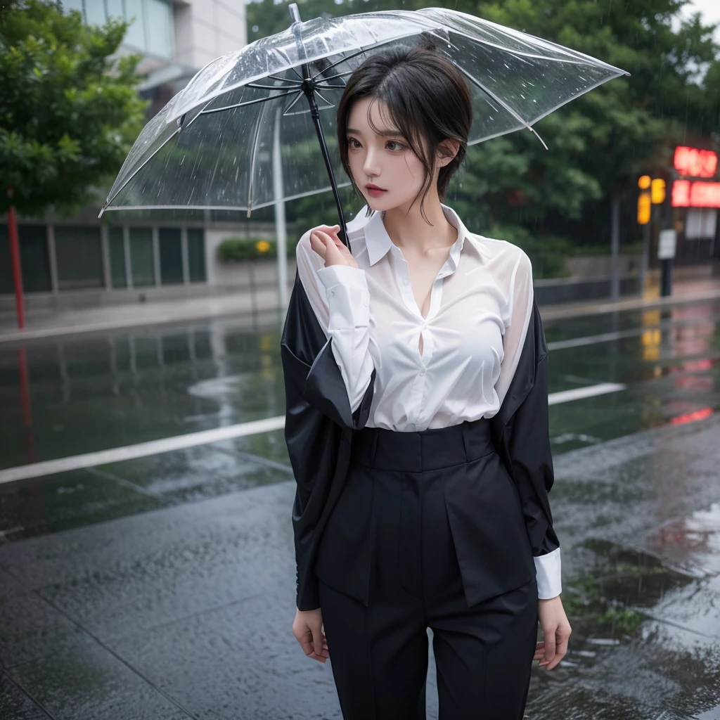 exy pose、Hair getting wet in the rain、Mr.々Hair style、ponytail、Short Hair、Loose and fluffy hair、Transparent shirt、Beautiful woman getting wet in the rain、typhoon、Get wet without an umbrella、Beautiful woman in the rain、雨で濡れたBeautyOL、Detailed face、Realistic、beautiful girl、Beauty、Office Lady Uniform、beauty、Beautiful woman、Narrow waist、Handsome woman、Tight pants look、suit、Sexy pose、タイトなsuitパンツ、雨で濡れたsuit、Wet naked shirt、See-through shirt、Shot in heavy rain、Naked shirt