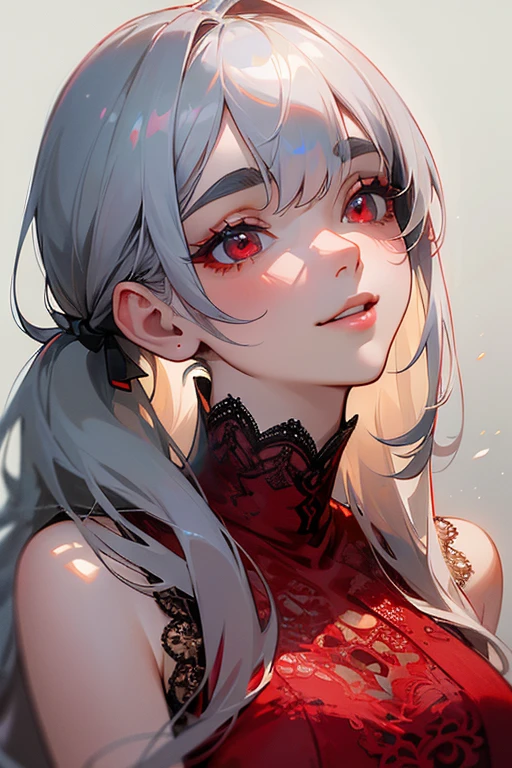(Highest quality, masterpiece:1.2), (High resolution, 最高masterpiece).(difficult).Very detailed, Realistic:1.37, Fantasy, An illustration,Gray Hair、 Red eyes、Queen, White and blue dress、beautifully、Eyeshadow Red、Thick eyebrows、Long eyelashes、pupils are black、shiny on the lips、Top Sites、Queen、Princess、A kind smile、Show your teeth a little and smile、Soft impression、people々々々々々々々Loved by、(Slimming the face).Shoulder Bare、ponytail、Kissing Face、Long white hair、Shaggy Bangs、(Save face image).((Red lace dress))、((Looking up)).