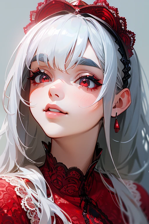 (Highest quality, masterpiece:1.2), (High resolution, 最高masterpiece).(difficult).Very detailed, Realistic:1.37, Fantasy, An illustration,Gray Hair、 Red eyes、Queen, White and blue dress、beautifully、Eyeshadow Red、Thick eyebrows、Long eyelashes、pupils are black、shiny on the lips、Top Sites、Queen、Princess、A kind smile、Show your teeth a little and smile、Soft impression、people々々々々々々々Loved by、(Slimming the face).Shoulder Bare、ponytail、Kissing Face、Long white hair、Shaggy Bangs、(Save face image).((Red lace dress))、((Looking up)).