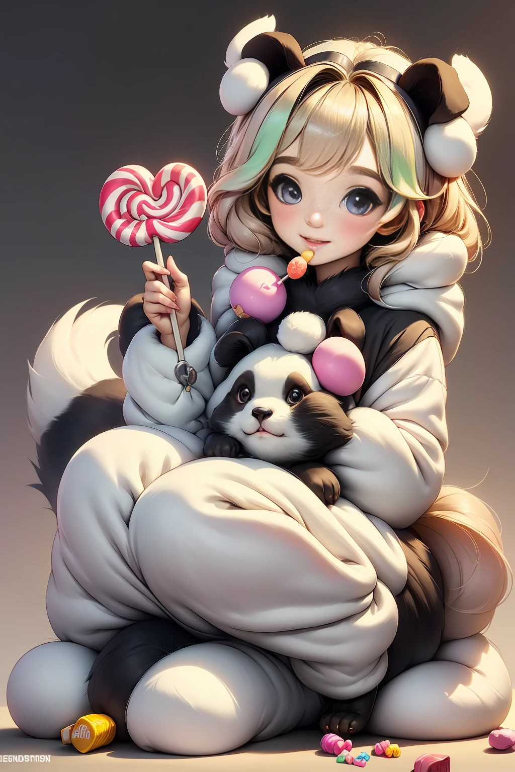 wide shot, centered, full body, ((a  in panda costume eating donuts (black and white costume):1.4)), sitting and eating candy:1.3, dynamic pose, (dog begging for candy:1.3), highly detailed, 8K, high definition, adorable, high quality, photorealistic, colorful, vibrant, soft lighting, plush panda costume, tousled hair, round cheeks, big eyes, detailed facial features, cheerful expression, playful, whimsical, intricate details, lollipops, sweet, textured fur, fluffy panda ears, paws, dog wagging tail, anticipation, cute, heartwarming, endearing