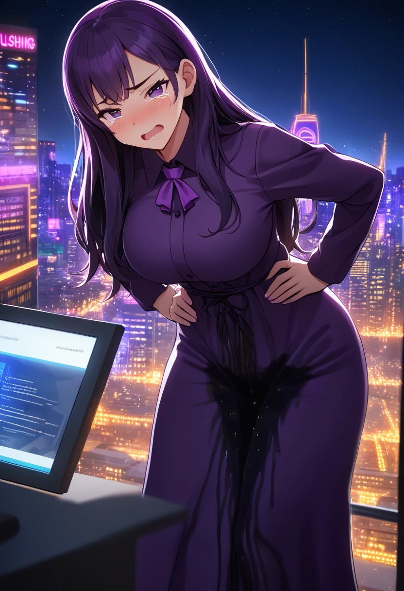 woman, very dark purple hair, purple eyes, long hair, large breasts, very long dress, very tight dress, standing straight, (wetting herself:1.5), best quality, ultra-detailed, HDR, studio lighting, professional, vivid colors, sharp focus, bokeh, landscape, office, night, window, cityscape, colorful city, neon lights, futuristic, science fiction, soft lighting, dynamic shadows, (embarrassed:1.5), (humiliation:1.5), b(lushing:1.5), (angry:1.25), (tears:1.5), facing viewer, (hands on hips:1.5)