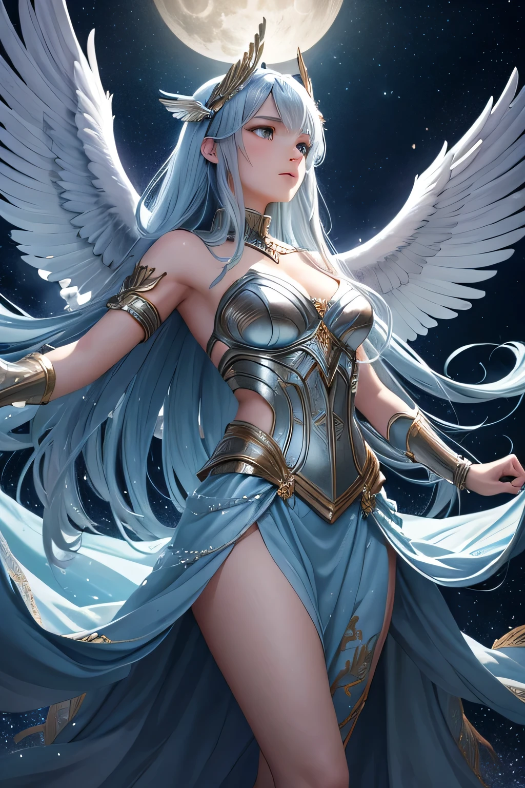 A stunning Valkyrie performs a mystical dance under the starry night sky to honor and guide the souls of her fallen comrades to the heavens. She is dressed in shimmering, ethereal armor that glows softly in the moonlight, with delicate, flowing fabric that sways with her movements. Her long, flowing blue hair and majestic wings catch the silver moonlight, creating an otherworldly glow. The background features a dark, star-filled sky with the moon casting a gentle light over the scene, and the shadows of the surrounding forest adding depth and mystery. The air is filled with a sense of solemnity and magic as the Valkyrie’s dance weaves together the earthly and the celestial, creating a bridge for the souls to ascend.