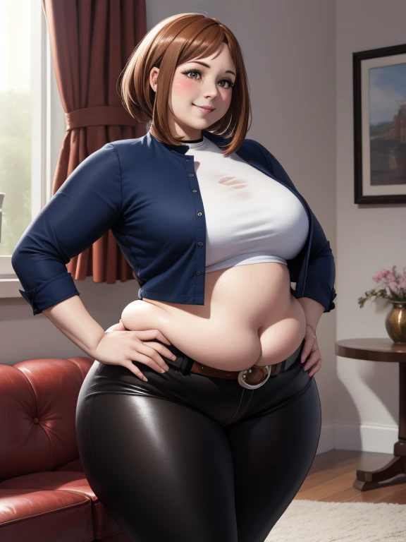 high quality, best quality, beautiful, perfect lighting, detailed face, mature face, ((1girl)), ((solo)), Imagine Ochaco Uraraka as an adult, 45 years old, MILF, plus sized milf, short brown hair, brown eyes, ((blush)), smile, looking at viewer, black leather pants, dark blue shirt, white belt, white heels, ((medium breasts)), wide hips, thick thighs, chubby, love handles, muffin-top, round belly, living room, hands on hips,
