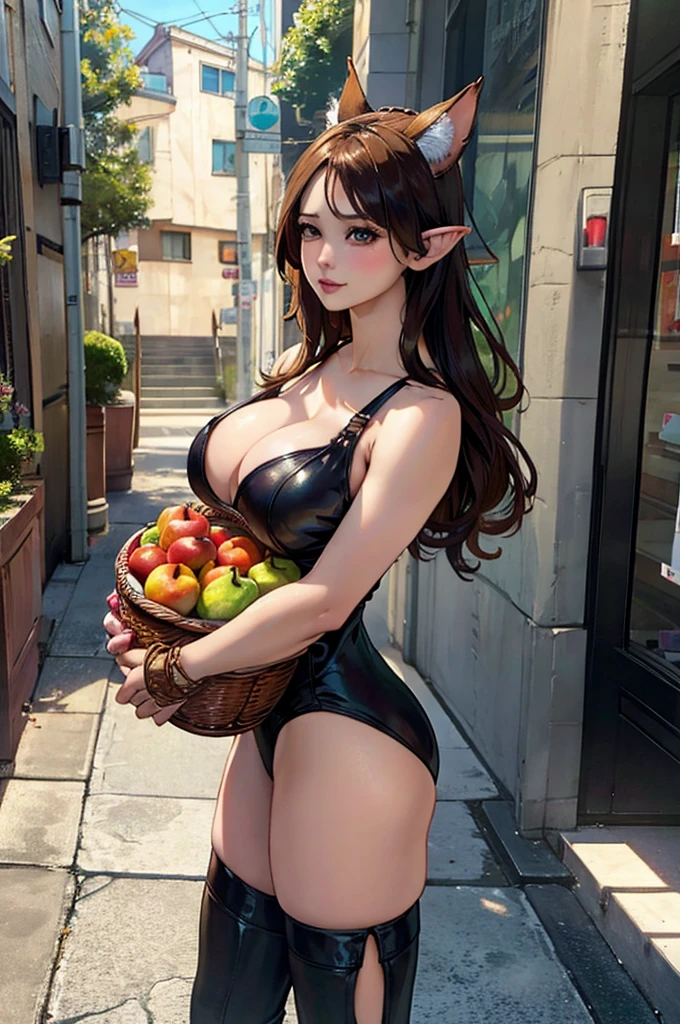 body of a detailed, Woman with big breasts and big ass, holding a basket of apples on her breast, linda, hyperrealistic fantasy, wlop and artgerm, Attractive cat girl, ultra realistic sweet bunny, realistic fantasy art, CG game, the best of art station, v from devil may cry as an elf, fanart best art station, amaranth(front view)