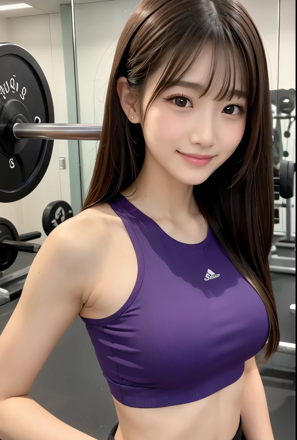 masterpiece、Highest quality、whole body、One Girl、bangs、Japanese、黒髪のLong Hair、Long Hair、Staring at the audience、Gym、training、Tank top、smile、solo、Gym、Fashionable women、Pastel colored outfits、Pause、front、Luxury、Confident expression、Sandalodern and trendy、Focused on fashion
