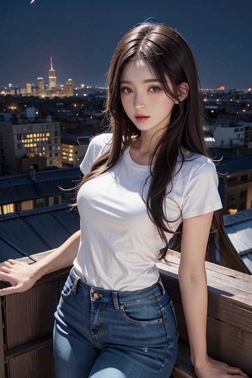 ((midnight、Highest quality、8ก、Masterpiece:1.3)), Whole Esbian, Long legs, Sharp focus:1.2, Beautiful woman with a perfect figure:1.4, Slender stomach:1.1, ((dark brown hair、Firm breasts:1.2)), (Tight white t-shirt、Tight skinny jeans 、standing:1.2), ((night city view、on the rooftop:1.3)), Highly detailed facial and skin textures, Detailed eyes, Double eyelids