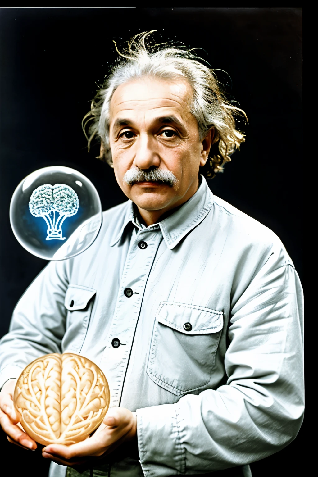 A picture of Einstein with a transparent background and a brain in his hands