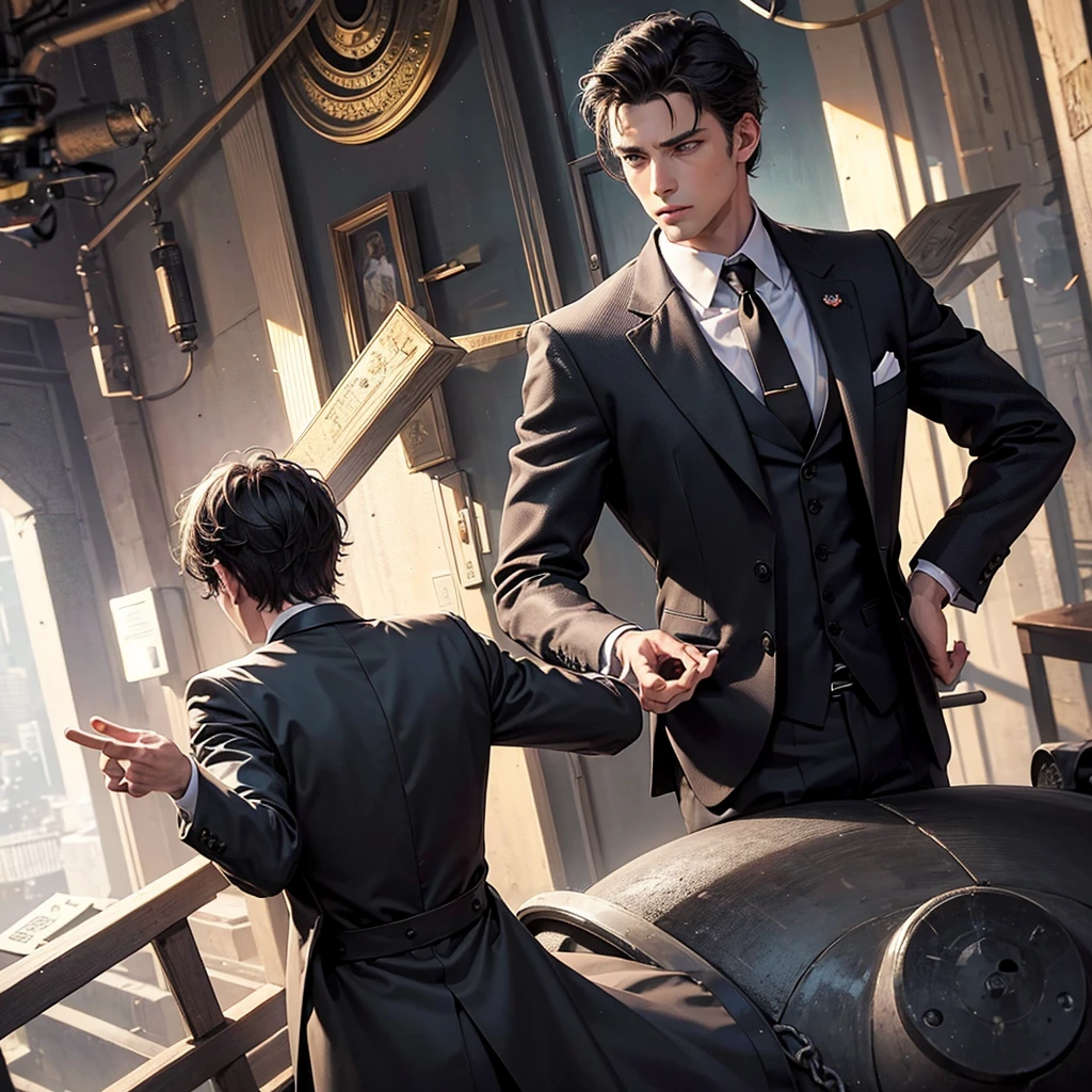 Man in dark suit with his back to him