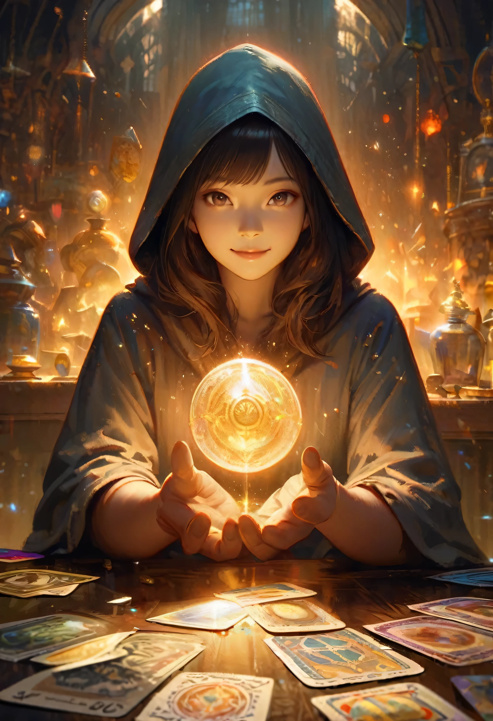 Impressionist paintings, Realistic, A smiling young hooded Asian woman, fortune teller, Tarot cards and crystals on the table, View your viewers, Mysterious, Magic, Shine, Shineing, dark Magic lighting, Sulky, Cinematic, Shine, Sparkling, darkness