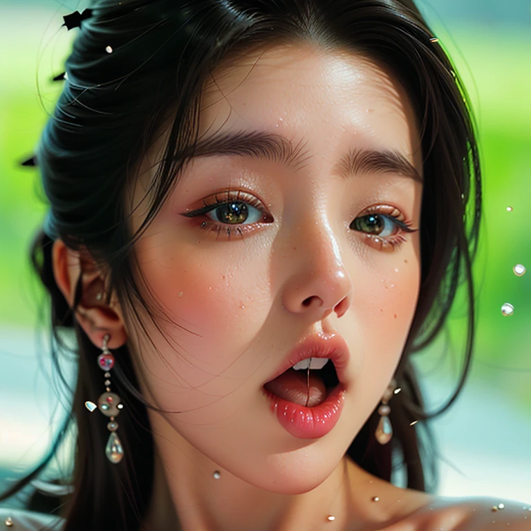 ExtremelyDetailed Kawaii girl Face,(Close-up Sweet lips), glossy lips with beautiful details, Coquettish tongue, Kissing to camera, towards the viewer, 8K TopQuality masterpiece,an extremely delicate and beautiful (ProfessionalPhoto:1.37), {Amazing|finely detail|official art|incredibly absurdres},ultra-detailed close-up shot, close up, (fish eye lens), wide lens, macro lens, Detailed reflective Eyes ElaboratePupils with (sparkling highlights:1.28) (Delicate Voluminous LongEyelashes:0.88), {(Tilted face:1.22)|Visible back of throat|saliva drips|naked shoulder}, (Dripping juice on tongue:1.23) snow particles