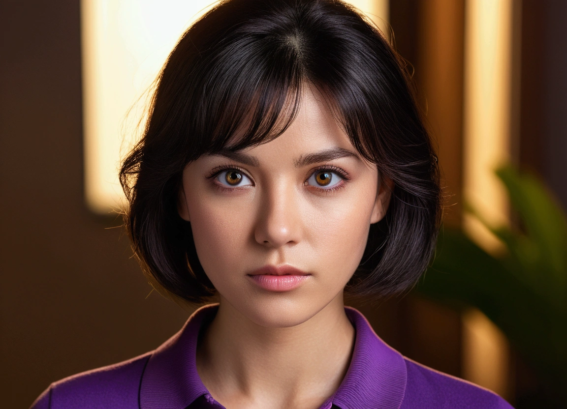 European, 20yrs, woman, beautiful woman, hyper realistic, black hair, brown hazel eye, headshot, sharp focus, high detail, realistic, purple polo, masterpiece, absurdres, best quality, HDR, high quality, high-definition, extremely detailed, 8k wallpaper, intricate details, 8K uhd, Full-HD, harsh lighting, cinematic lighting, natural lighting, hard light, backlighting, office background