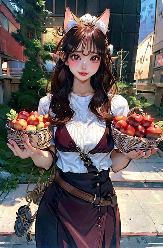 body of a detailed, Woman with big breasts and big ass, holding a basket of apples on her breast, linda, hyperrealistic fantasy, wlop and artgerm, Attractive cat girl, ultra realistic sweet bunny, realistic fantasy art, CG game, the best of art station, v from devil may cry as an elf, fanart best art station, amaranth(front view)

