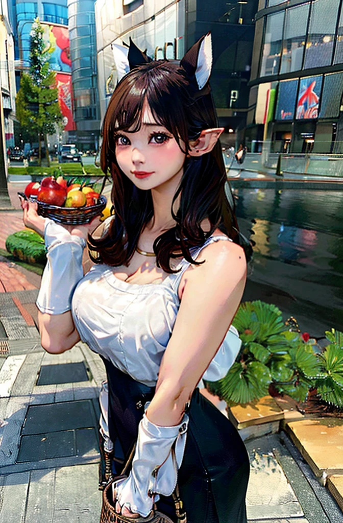 body of a detailed, Woman with big breasts and big ass, holding a basket of apples on her breast, linda, hyperrealistic fantasy, wlop and artgerm, Attractive cat girl, ultra realistic sweet bunny, realistic fantasy art, CG game, the best of art station, v from devil may cry as an elf, fanart best art station, amaranth(front view)