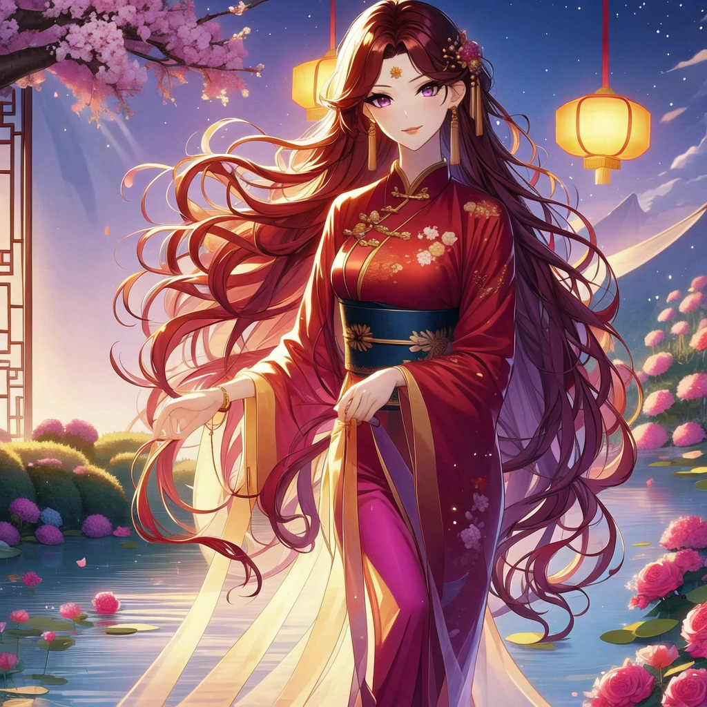 (masterpiece, best quality:1.2), 1 women, xian mei, solo, 18 year, chinese clothes, ultra long purple skirt, purple eyes, long dark black curly hair, jewellery, perfect anatomy, dark purple hanfu, 
