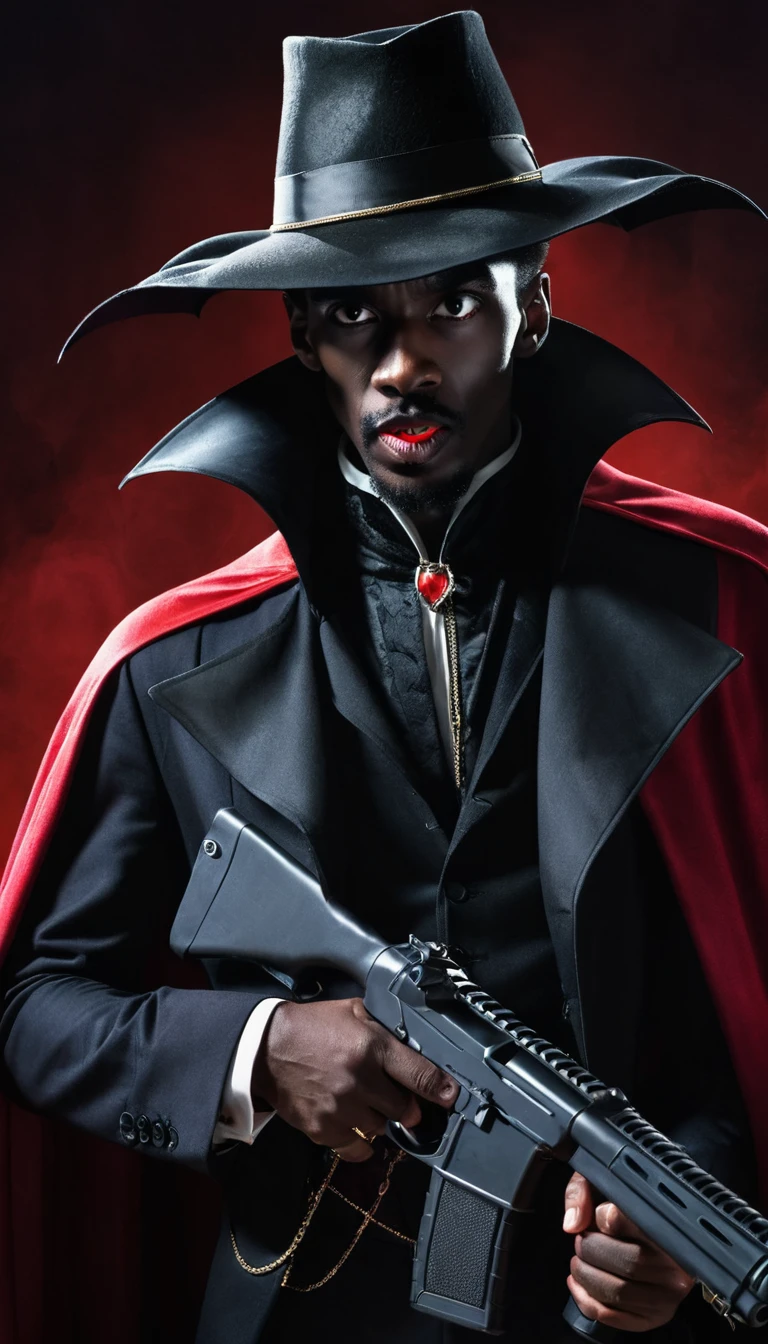 A skinny black man as dracula holding a gun, his face covered with hat